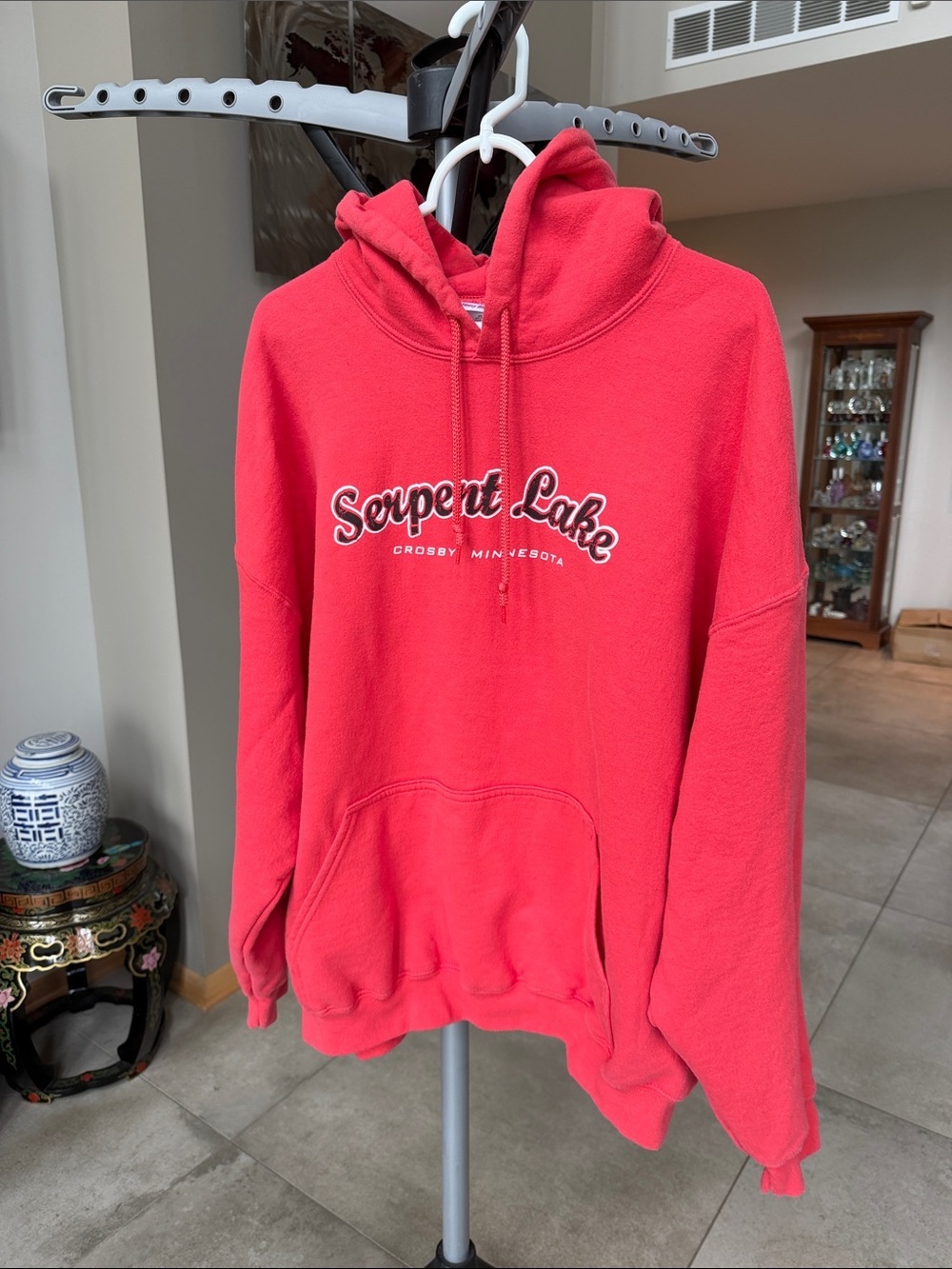 Gildan Coral Red Serpent Lake Crewneck Hooded Sweatshirt - Men’s 2XL